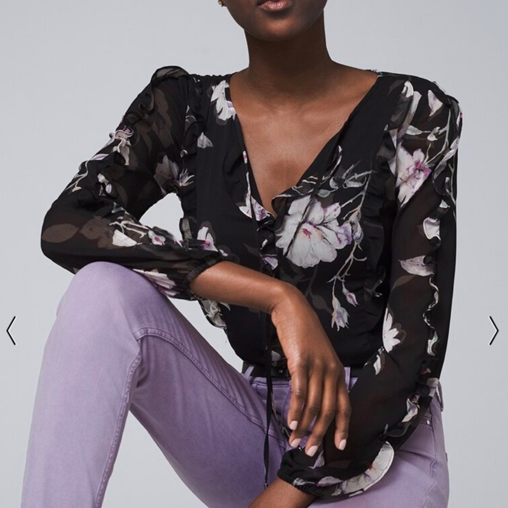 NWT White House Black Market Mini Ruffle Floral-Print Blouse Black Size XS